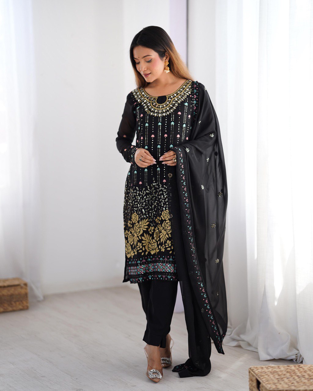 Midnight Blossom Elegant Black &Navy Blue Gold Floral Embroidery & Mirror Kurta Set