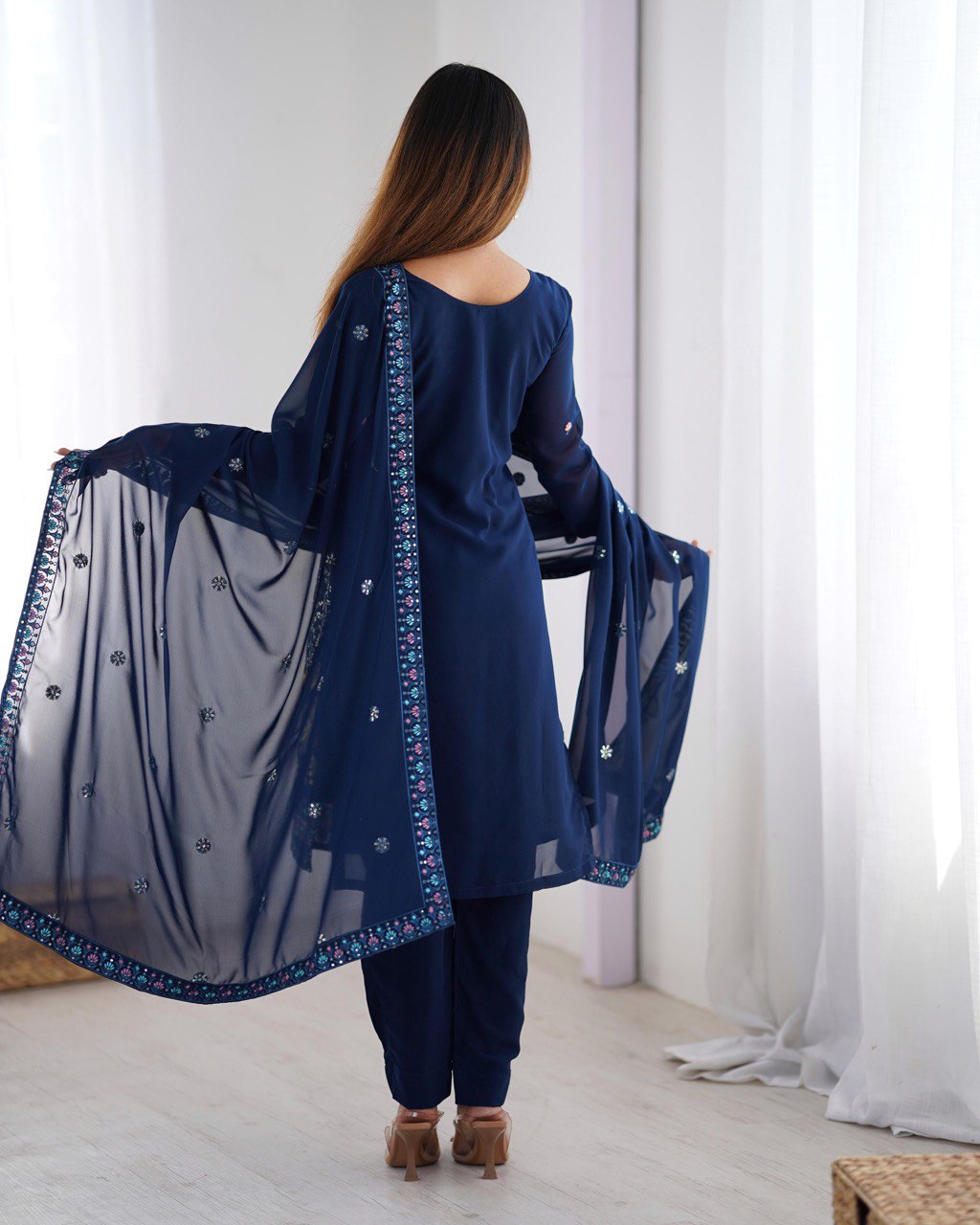 Midnight Blossom Elegant Black &Navy Blue Gold Floral Embroidery & Mirror Kurta Set