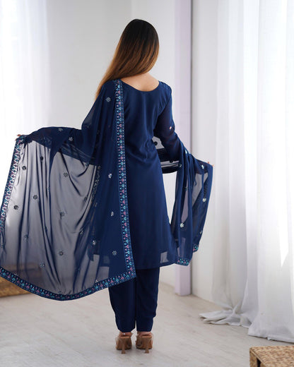 Midnight Blossom Elegant Black &Navy Blue Gold Floral Embroidery & Mirror Kurta Set