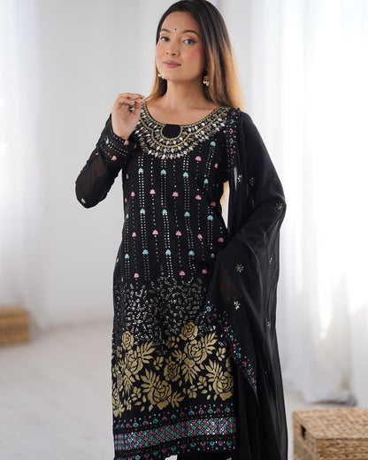 Midnight Blossom Elegant Black &Navy Blue Gold Floral Embroidery & Mirror Kurta Set