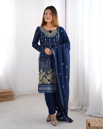 Midnight Blossom Elegant Black &Navy Blue Gold Floral Embroidery & Mirror Kurta Set