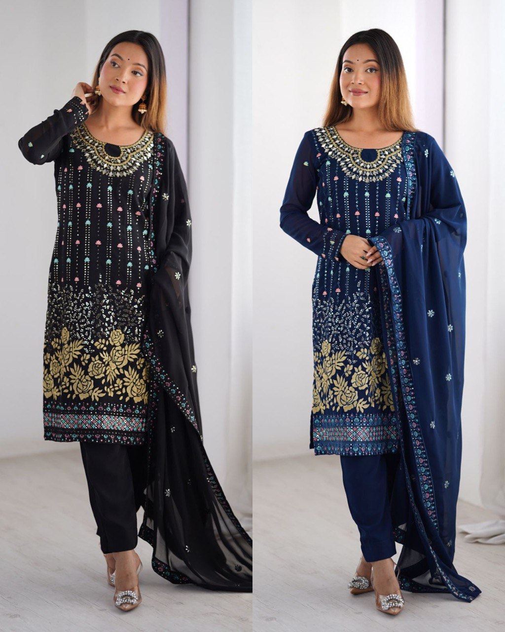 Midnight Blossom Elegant Black &Navy Blue Gold Floral Embroidery & Mirror Kurta Set