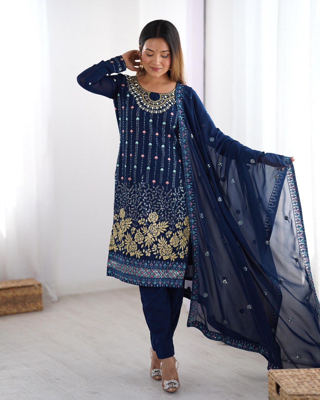 Midnight Blossom Elegant Black &Navy Blue Gold Floral Embroidery & Mirror Kurta Set