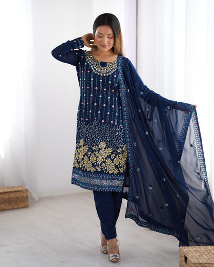 Midnight Blossom Elegant Black &Navy Blue Gold Floral Embroidery & Mirror Kurta Set