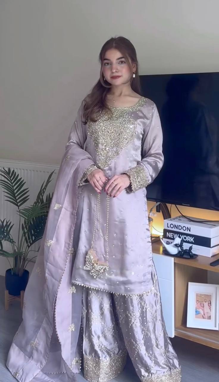 The Royal Aura Lavender Gold Zari with Handcrafted Dupatta Gharara Set