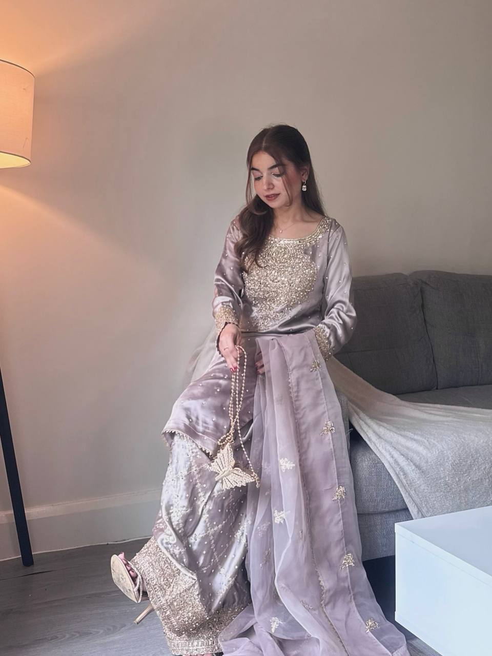 The Royal Aura Lavender Gold Zari with Handcrafted Dupatta Gharara Set