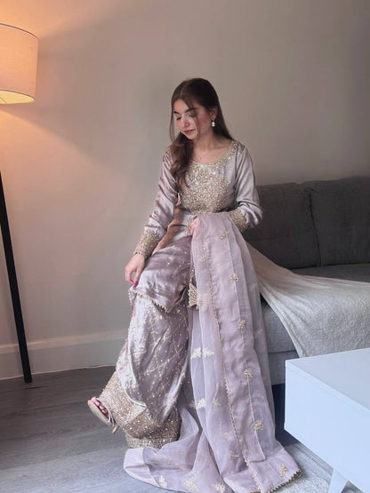The Royal Aura Lavender Gold Zari with Handcrafted Dupatta Gharara Set