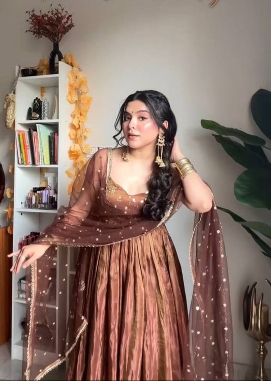 Mocha Royale Fandy Silk  Anarkali Suit Set