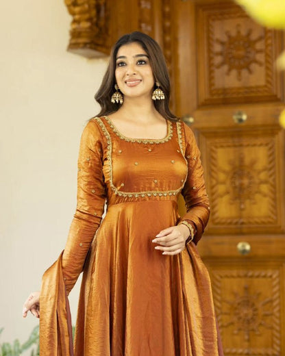Rust Orange Designer Traditional Outfit  Fendi silk Gown