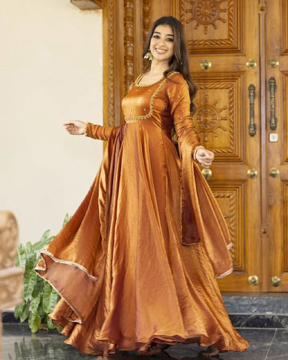 Rust Orange Designer Traditional Outfit  Fendi silk Gown
