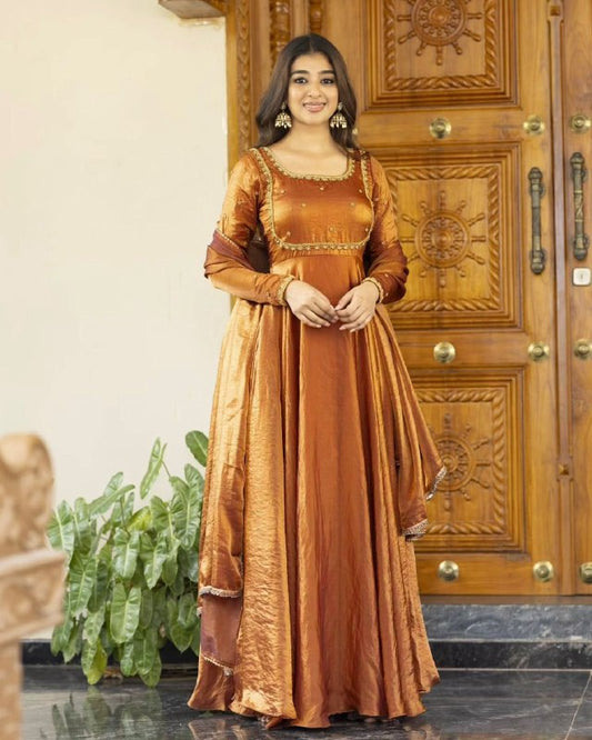 Rust Orange Designer Traditional Outfit  Fendi silk Gown