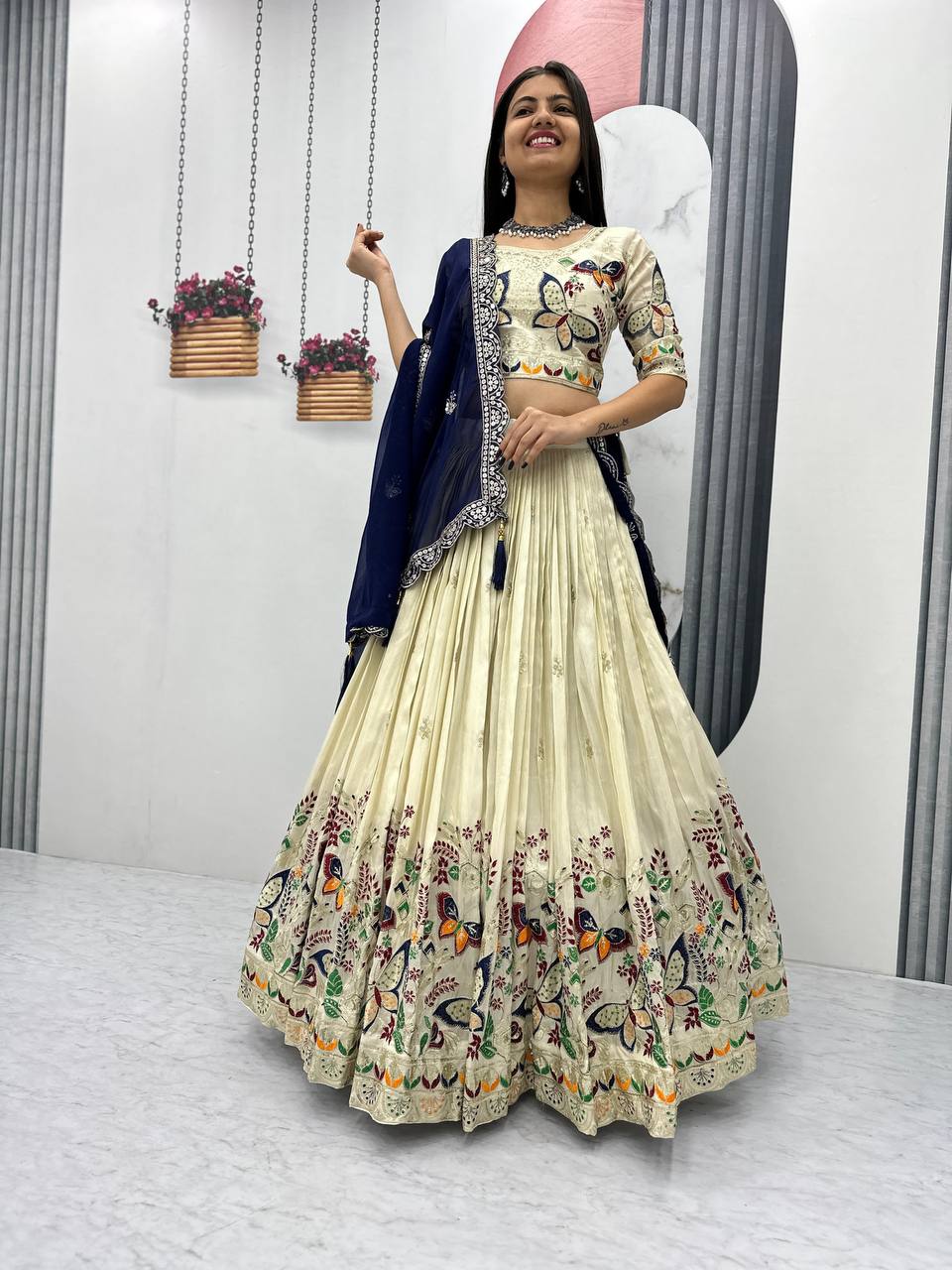 Butterfly Elegance A Whimsical Cream & Maroon Lehenga Choli