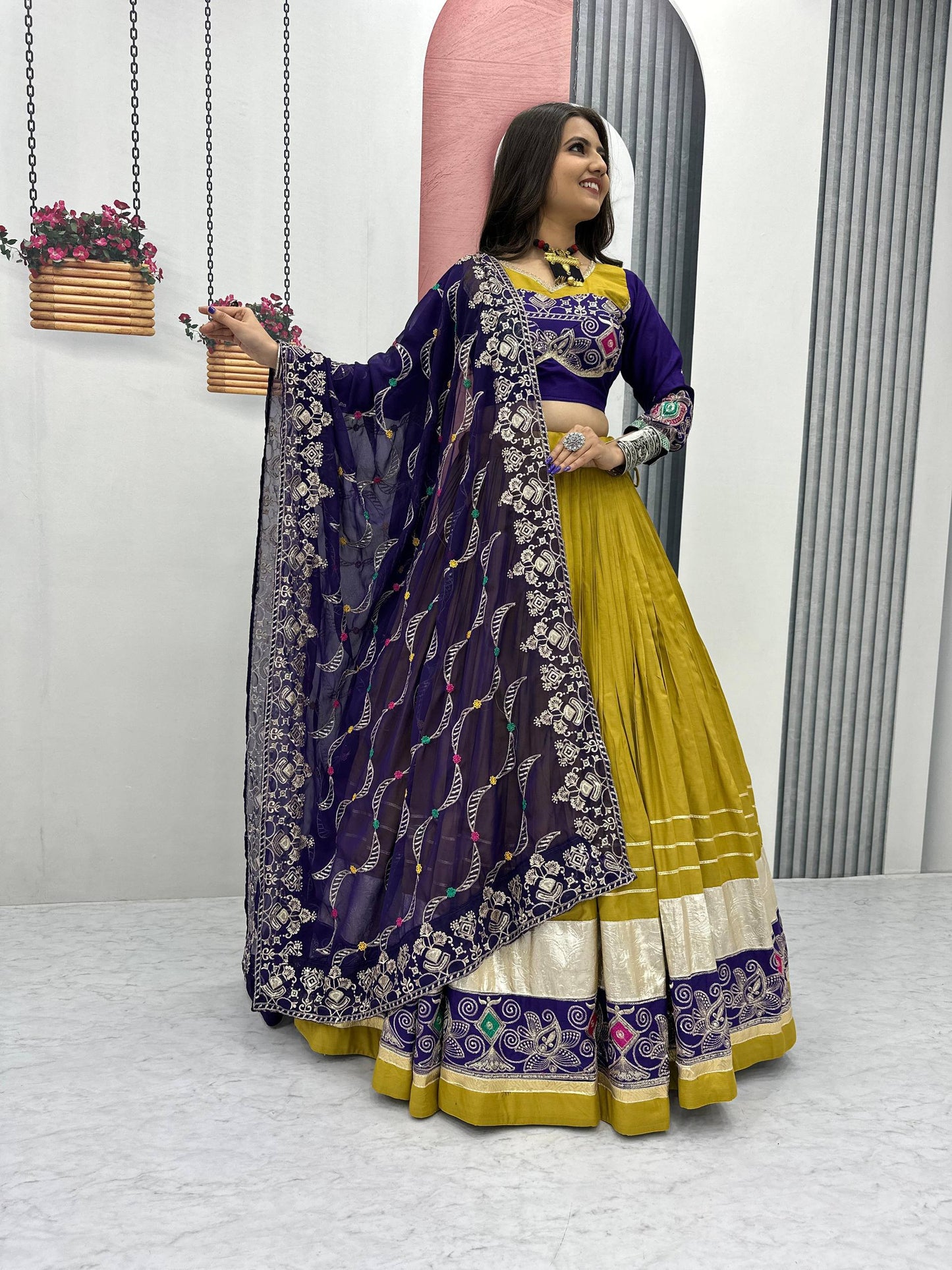 The Festival Muse Jewel Tones with Hand Embroidered Borders Navratri Lehenga Choli