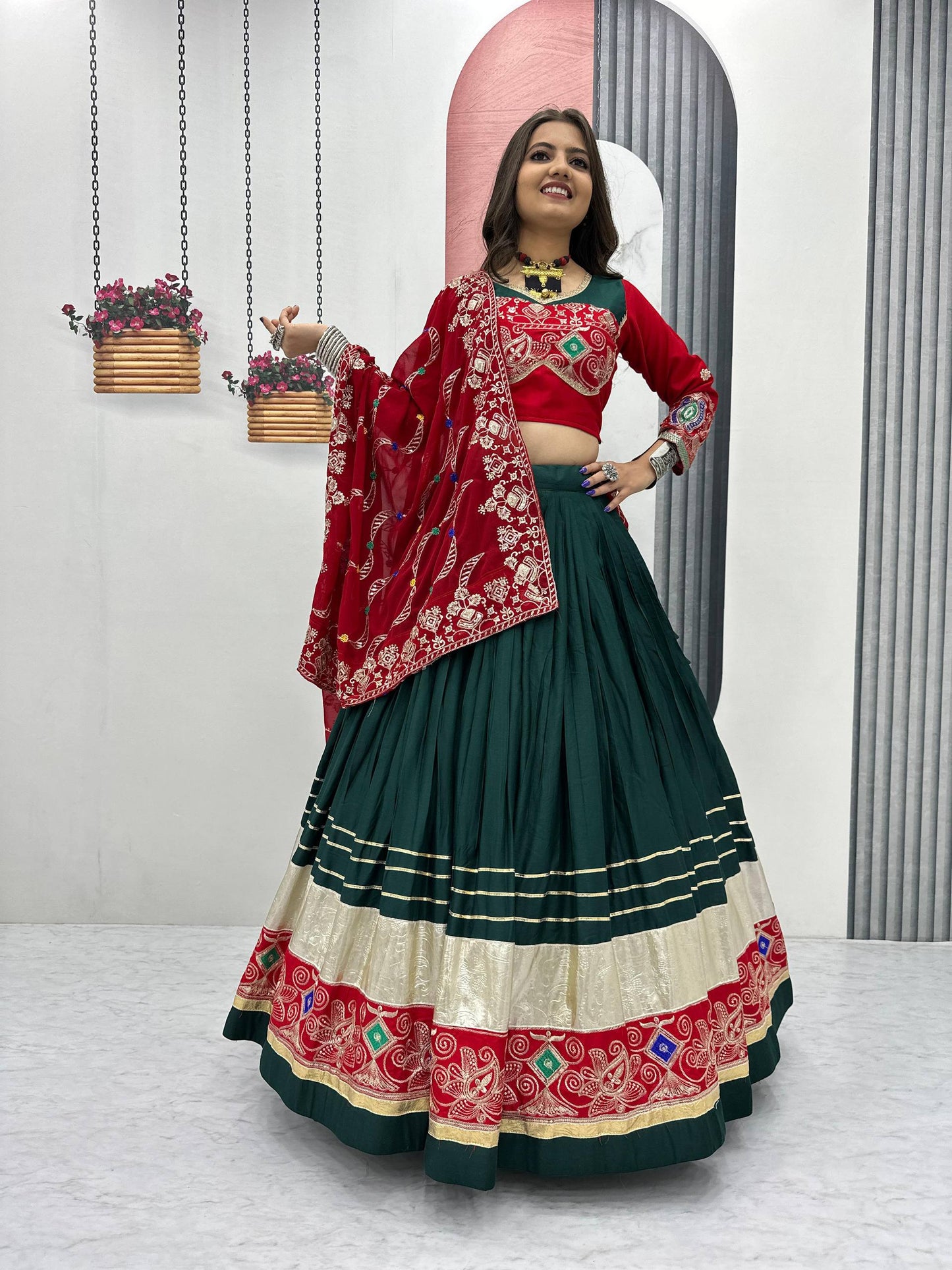 The Festival Muse Jewel Tones with Hand Embroidered Borders Navratri Lehenga Choli