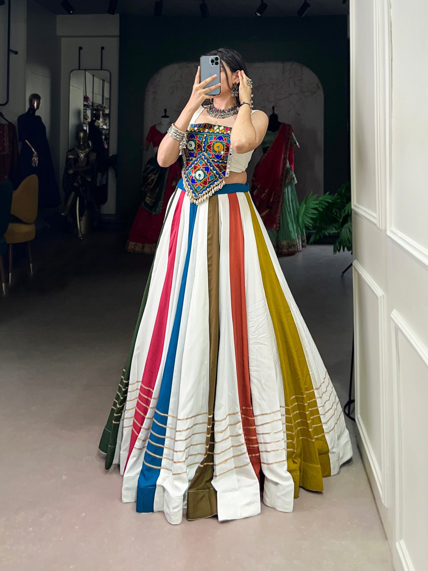 Navratri Bloom Multicolor Kutchi Work Rayon Lehenga