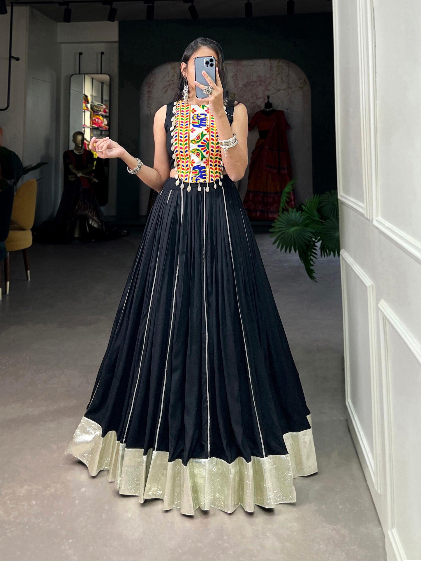 Majestic Charm Twirl Ready Navratri Mirror Work Lehenga