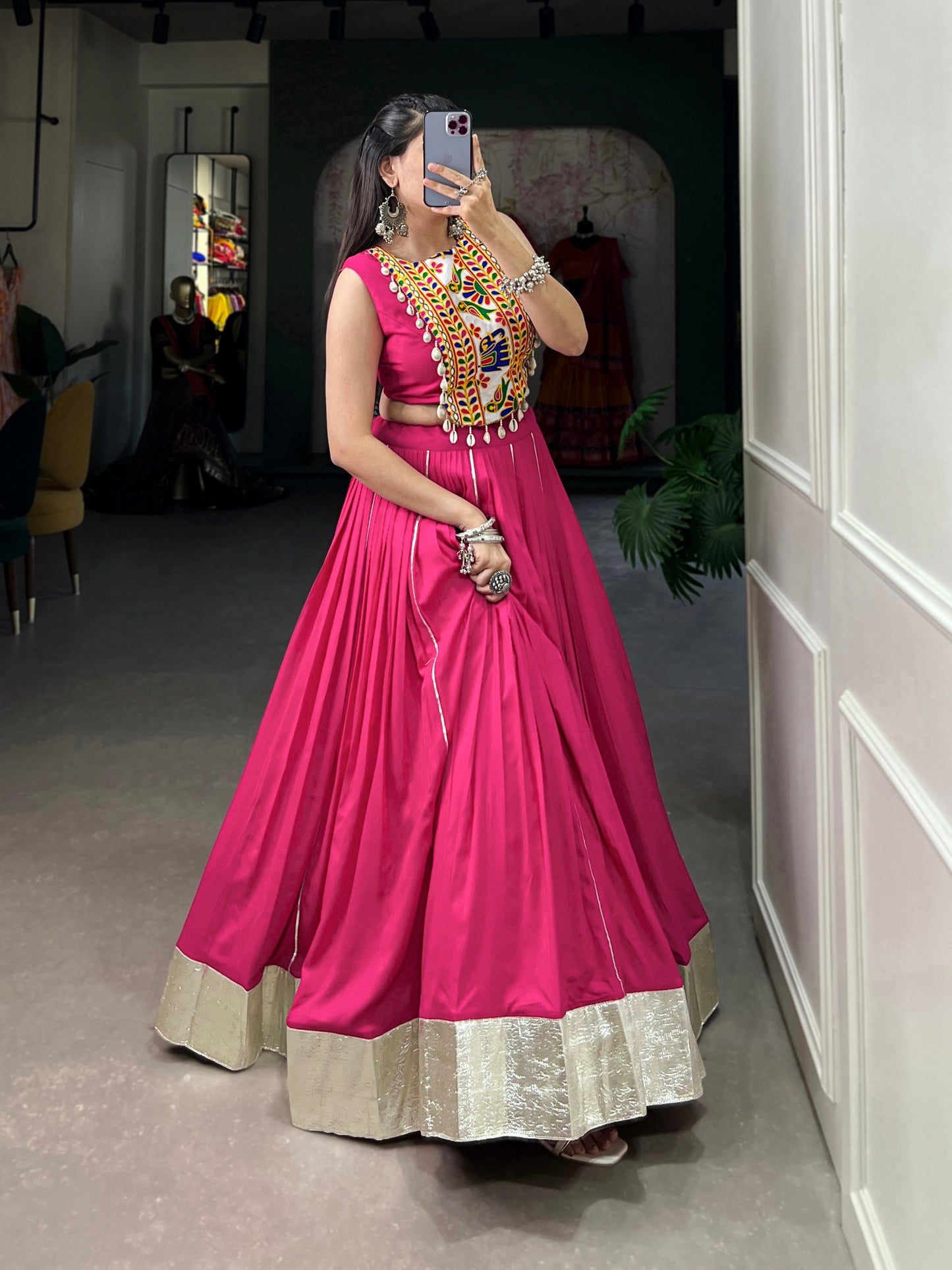 Majestic Charm Twirl Ready Navratri Mirror Work Lehenga