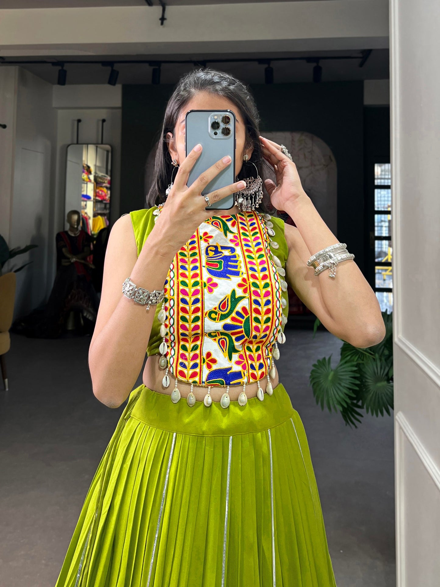 Majestic Charm Twirl Ready Navratri Mirror Work Lehenga