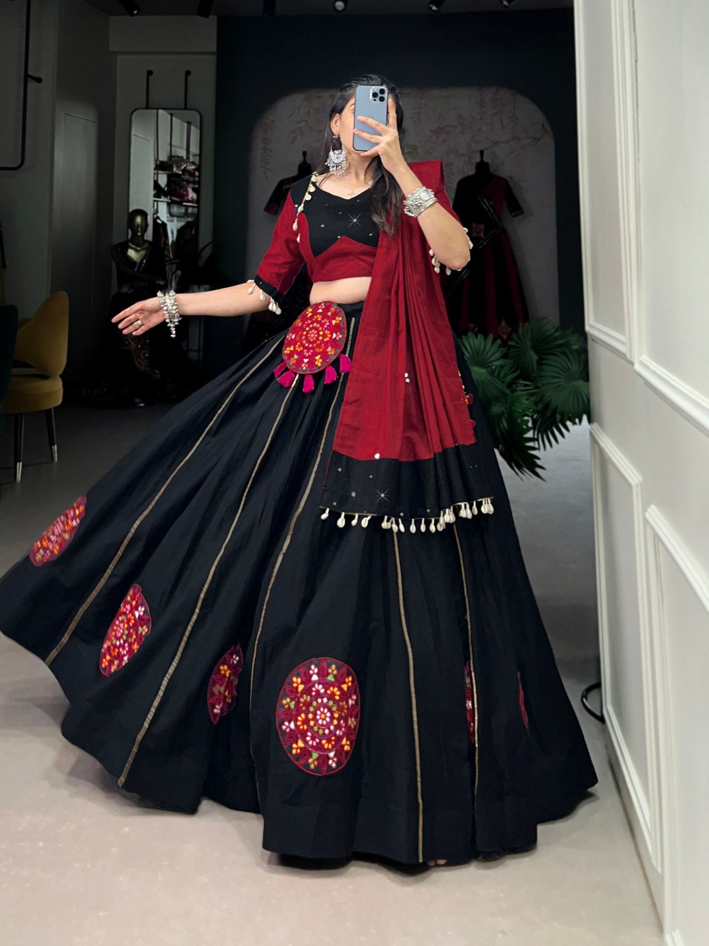 Krisha in Bold Beats Mirror Drops & Maroon Moves Lehenga Choli