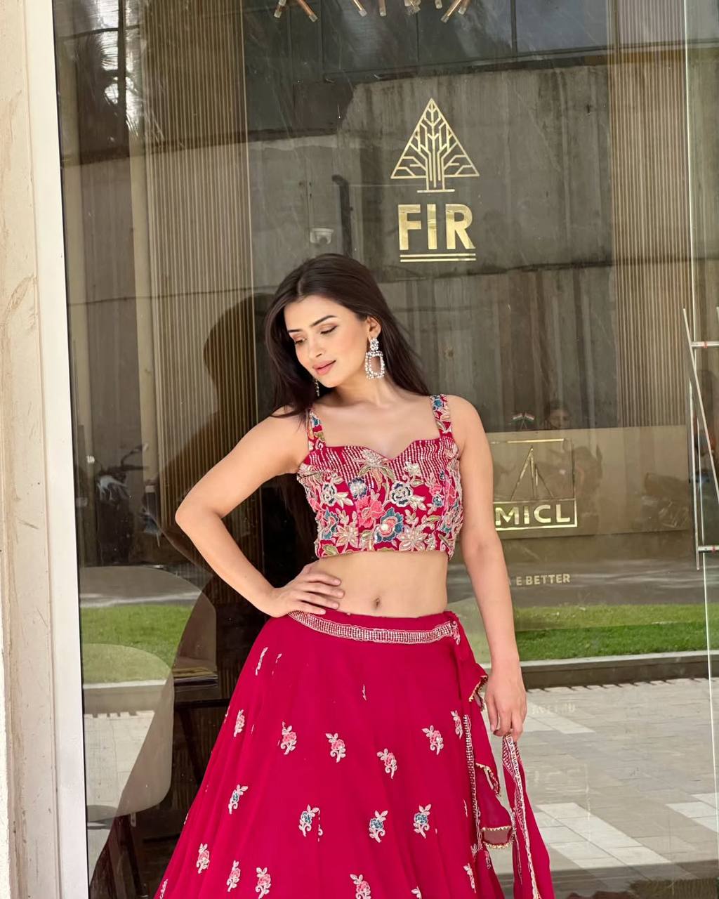 Sunshine Mustard & Ruby Red Floral Embroidered Lehenga Choli Set