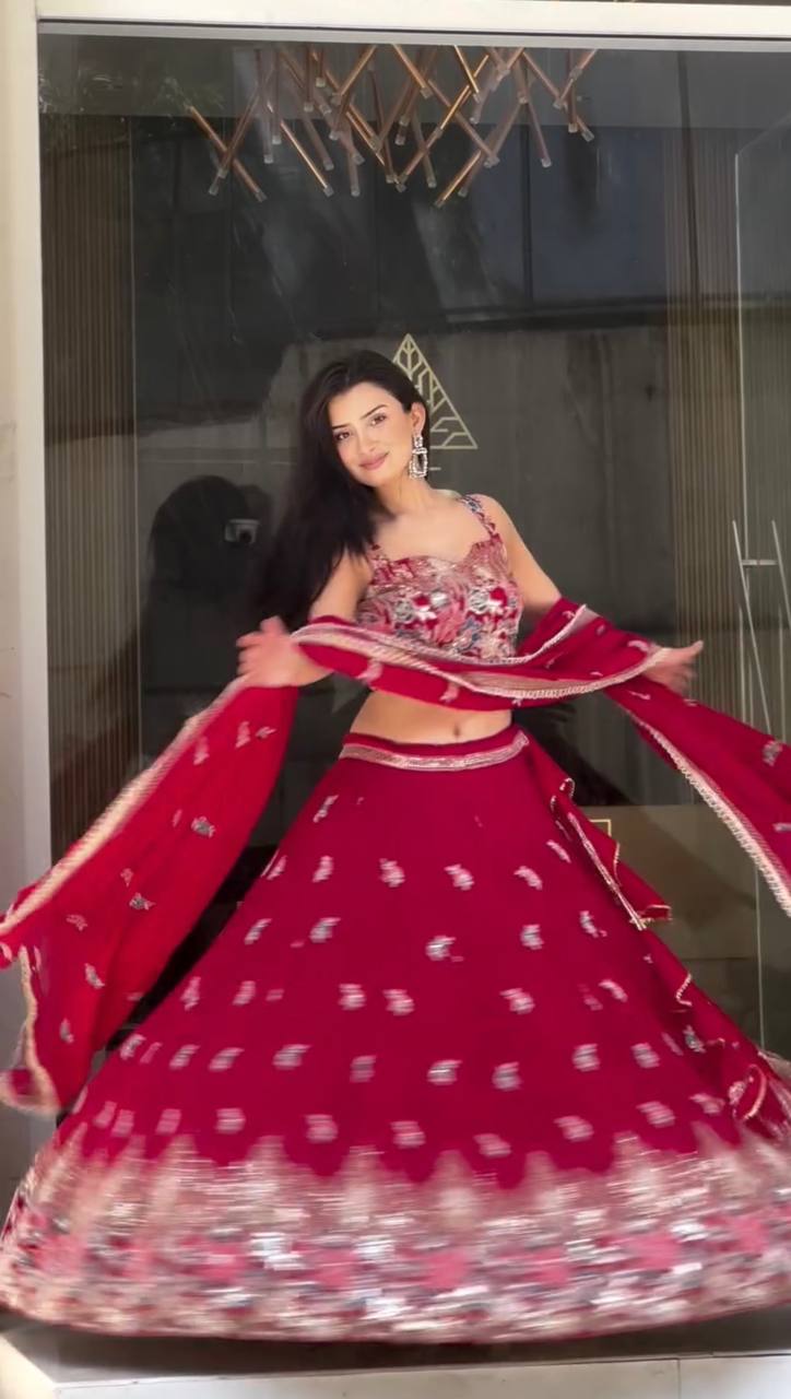 Sunshine Mustard & Ruby Red Floral Embroidered Lehenga Choli Set
