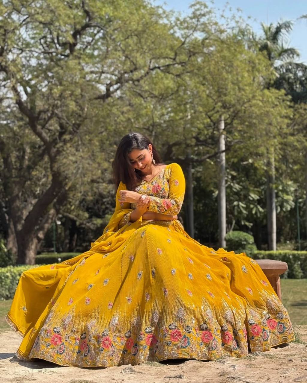 Sunshine Mustard & Ruby Red Floral Embroidered Lehenga Choli Set