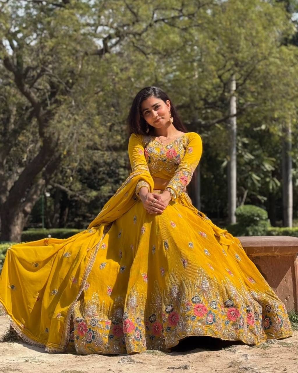 Sunshine Mustard & Ruby Red Floral Embroidered Lehenga Choli Set