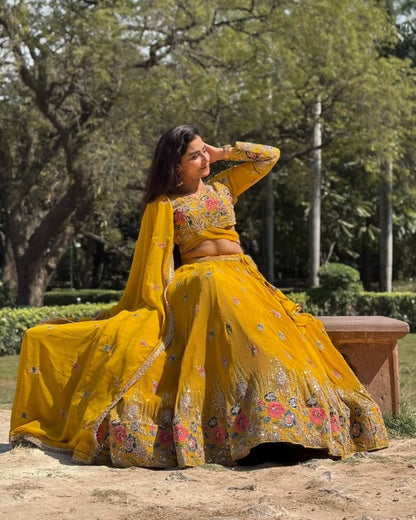 Sunshine Mustard & Ruby Red Floral Embroidered Lehenga Choli Set