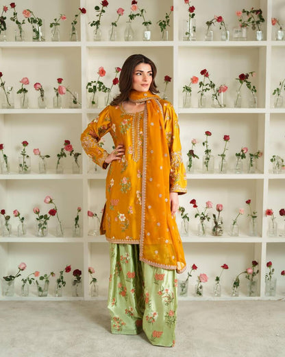 Meherun Mustard Yellow & Mint Green Floral Embroidered Palazzo Suit