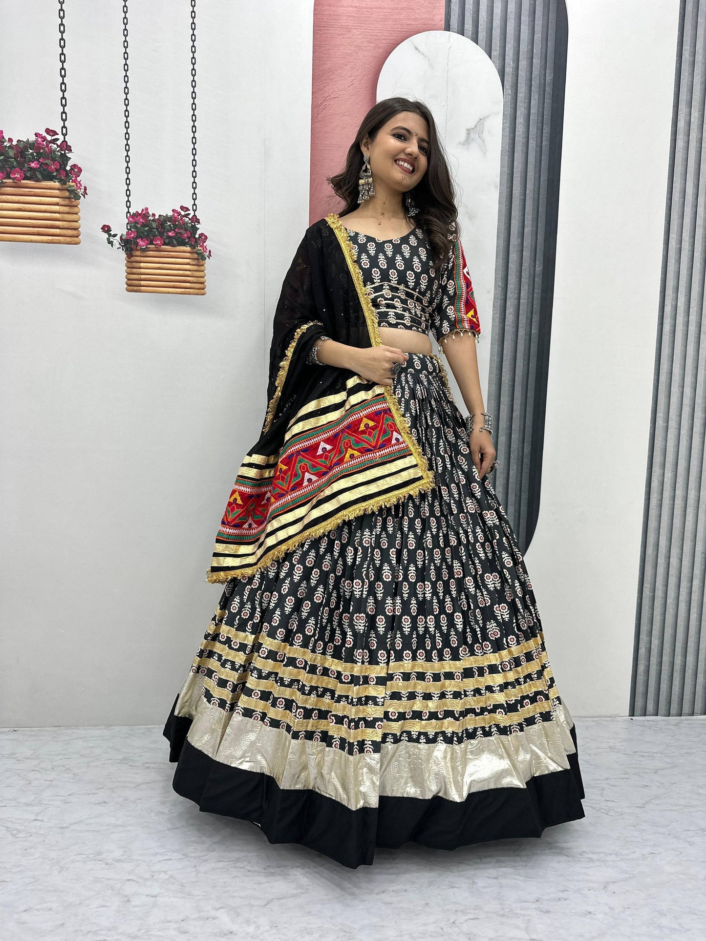 Black Gamathi Work Navratri Lehenga Choli Set