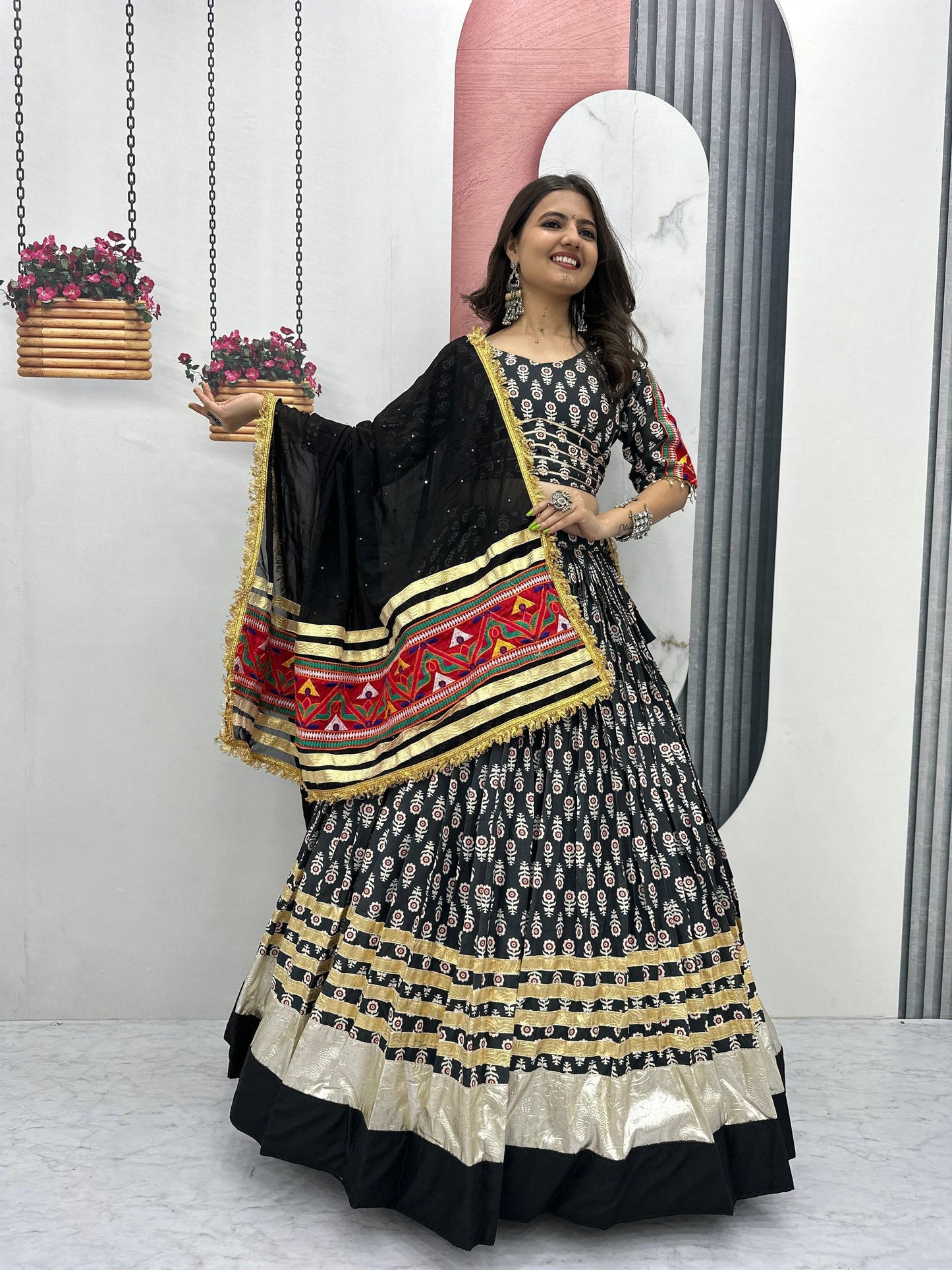 Black Gamathi Work Navratri Lehenga Choli Set