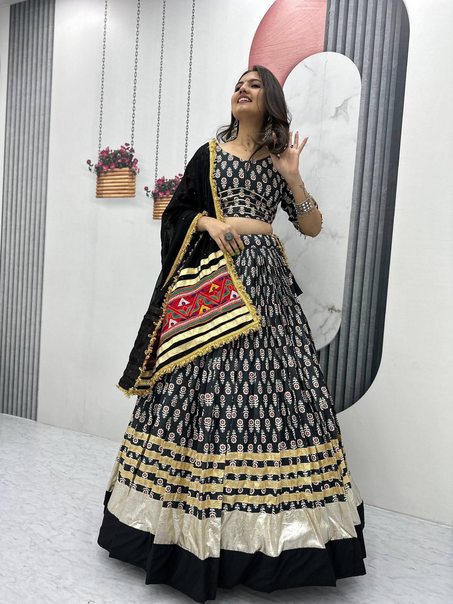 Black Gamathi Work Navratri Lehenga Choli Set