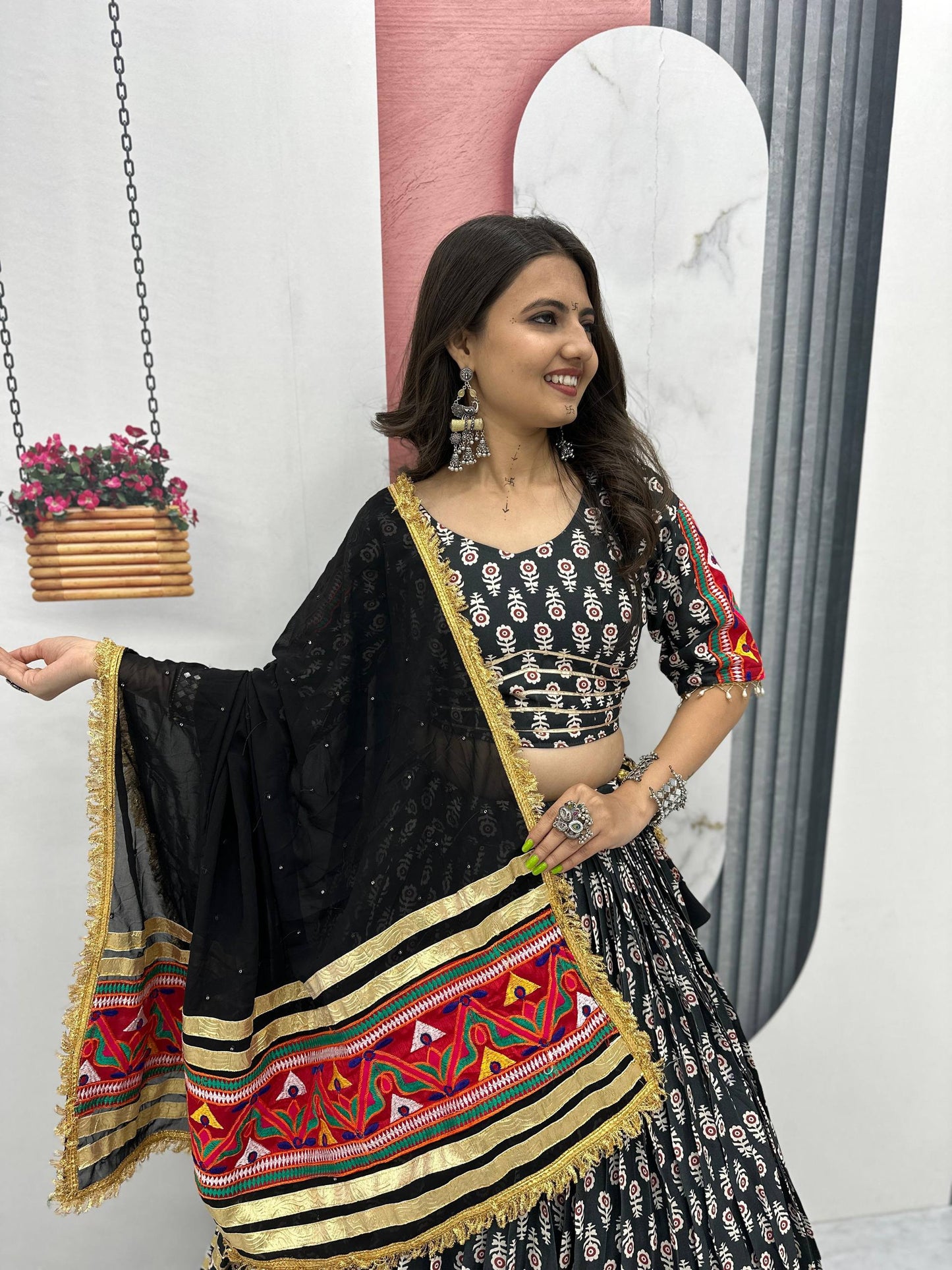 Black Gamathi Work Navratri Lehenga Choli Set