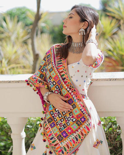 Dandiya Dreamweaver Mirror Embroidered Ivory Lehenga Set