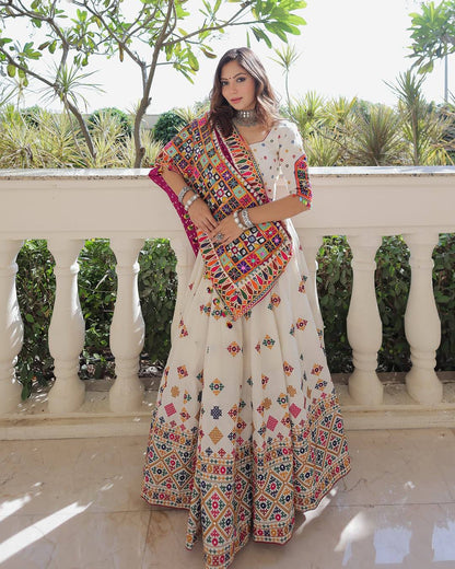 Dandiya Dreamweaver Mirror Embroidered Ivory Lehenga Set