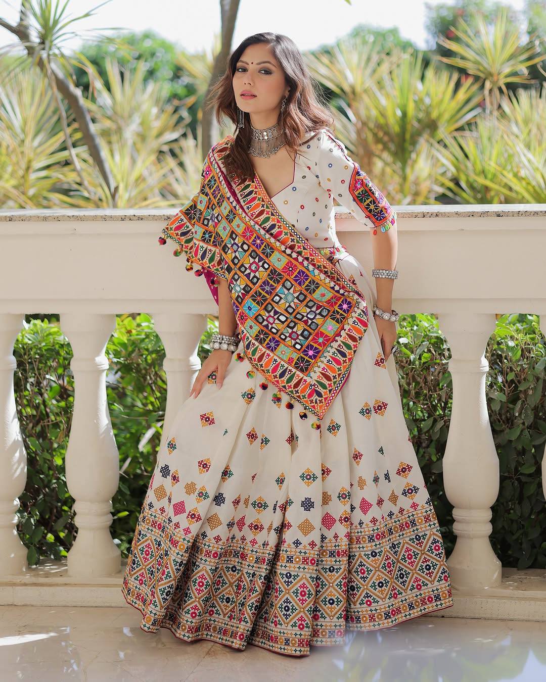 Dandiya Dreamweaver Mirror Embroidered Ivory Lehenga Set