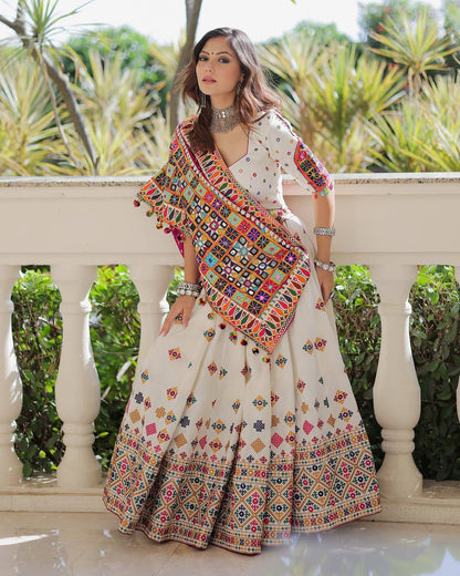 Dandiya Dreamweaver Mirror Embroidered Ivory Lehenga Set