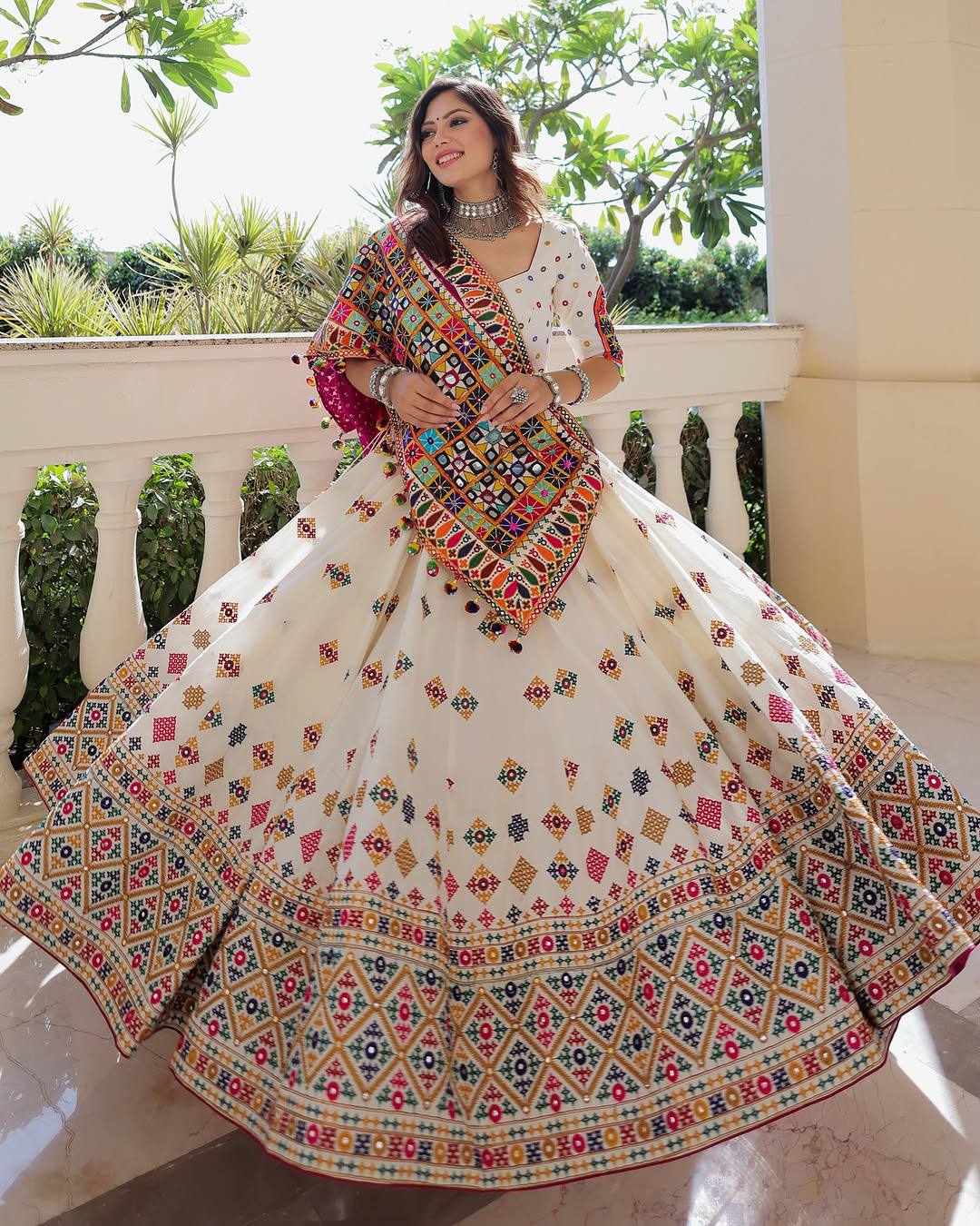 Dandiya Dreamweaver Mirror Embroidered Ivory Lehenga Set