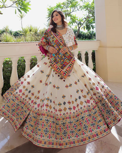 Dandiya Dreamweaver Mirror Embroidered Ivory Lehenga Set