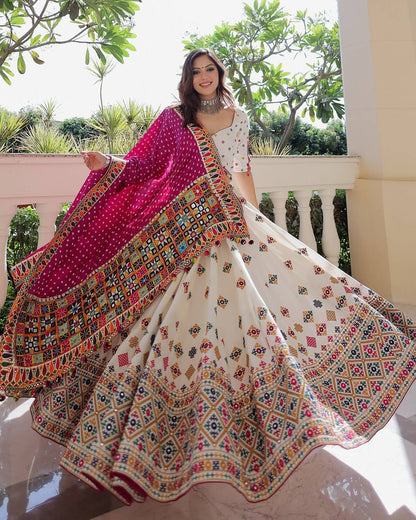 Dandiya Dreamweaver Mirror Embroidered Ivory Lehenga Set