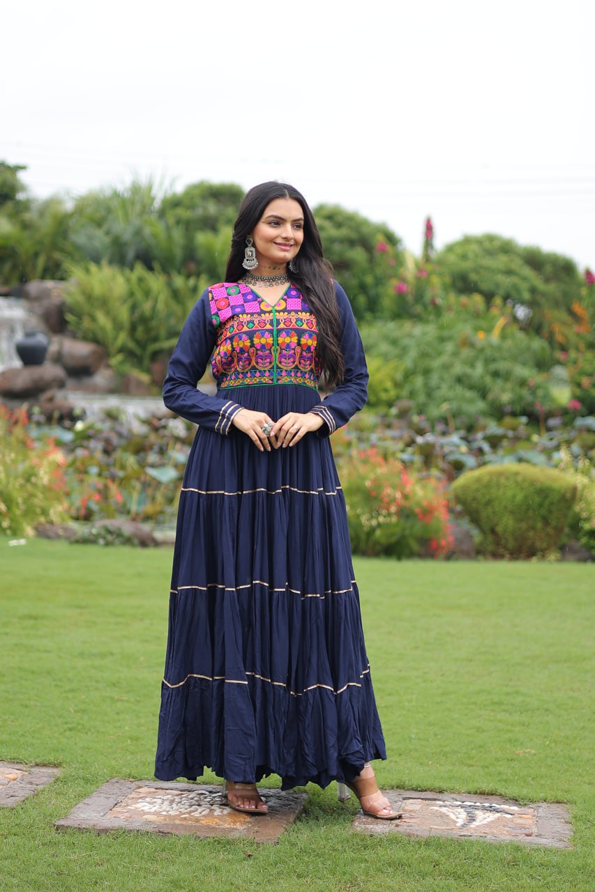 Navratri Full Flair Mirror Work with Vibrant Kutchi Embroidery Gown