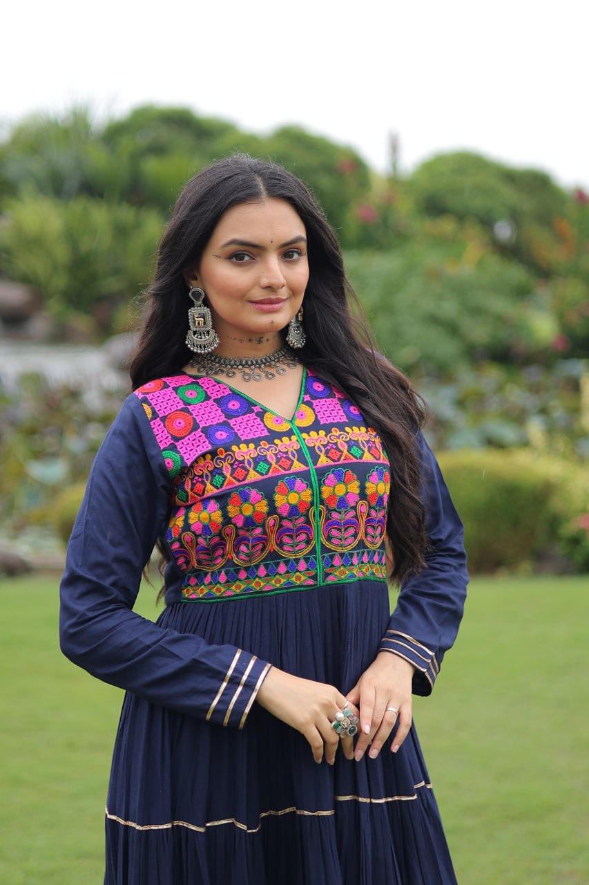 Navratri Full Flair Mirror Work with Vibrant Kutchi Embroidery Gown