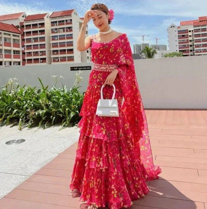 Ira Kavya Red Ruffle Bloom Lehenga Saree