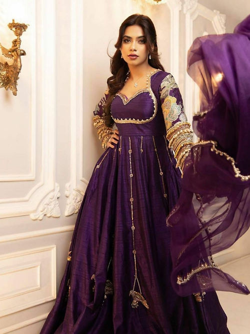 Purple Embroidered Gown with Dupatta in Blooming Vichitra
