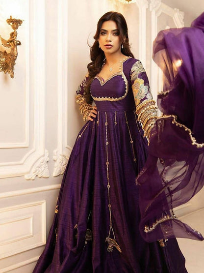 Purple Embroidered Gown with Dupatta in Blooming Vichitra