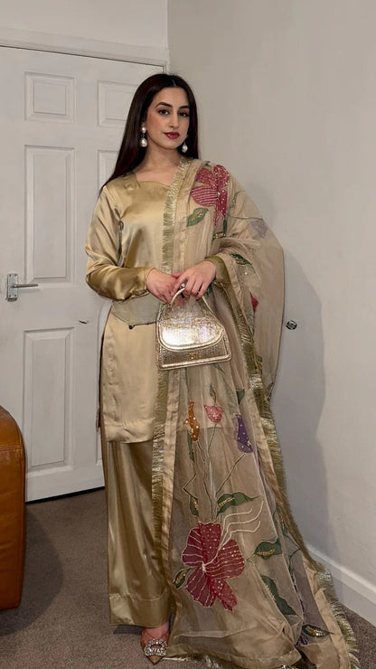 Nura Gold  Designer Party Wear Look top with farshi plazzo Suit
