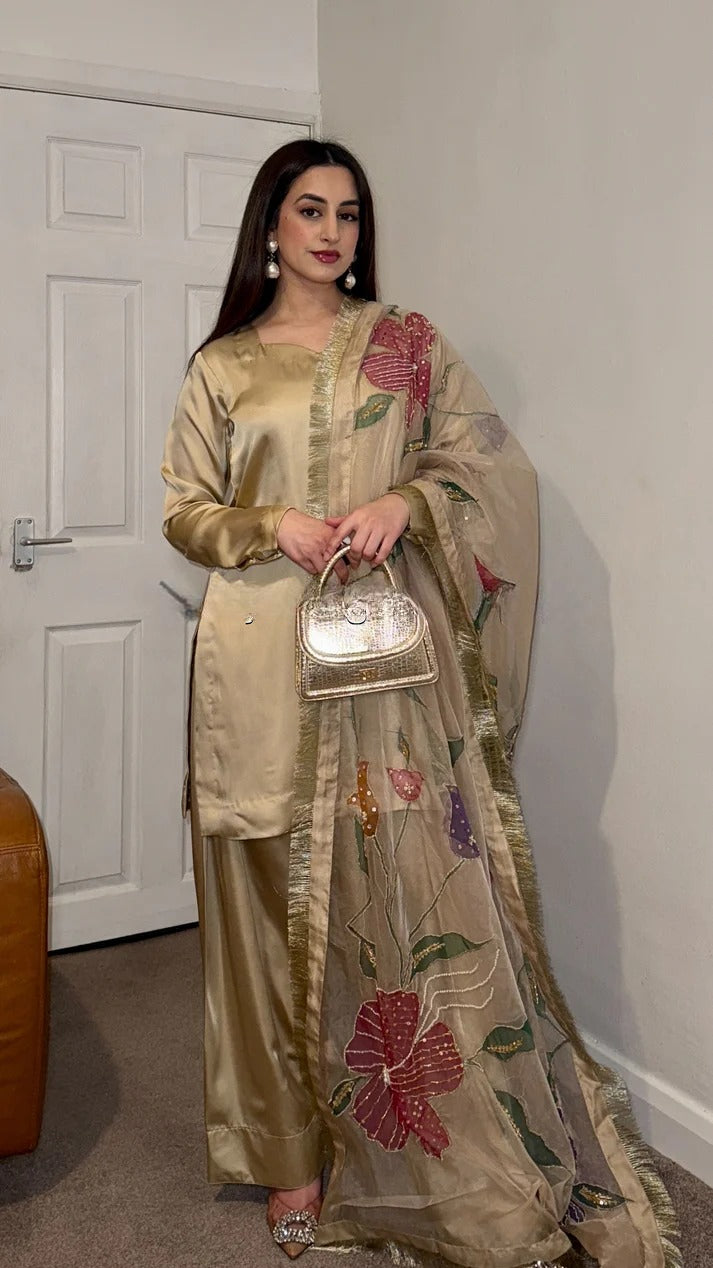 Nura Gold  Designer Party Wear Look top with farshi plazzo Suit