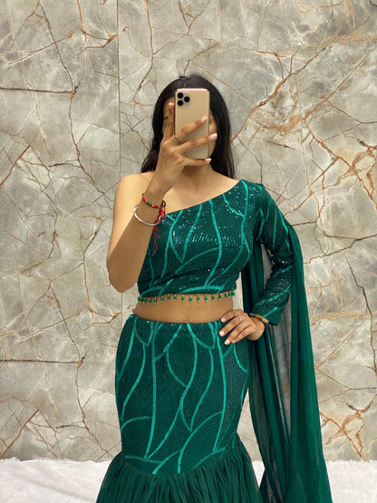 Captivating Embroidery Sequins Work Fish-Cut Lehenga Choli