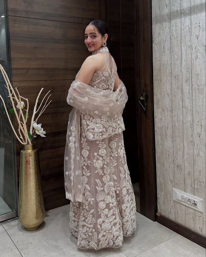 Ruhi Exquisite Net Fabric with Dori Work, Sequins And White Cutdana