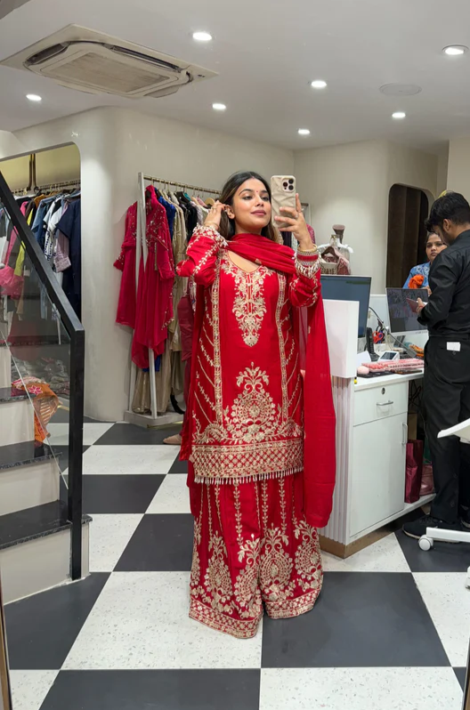 Royal Red Heavy Embroidered Palazzo Suit Set